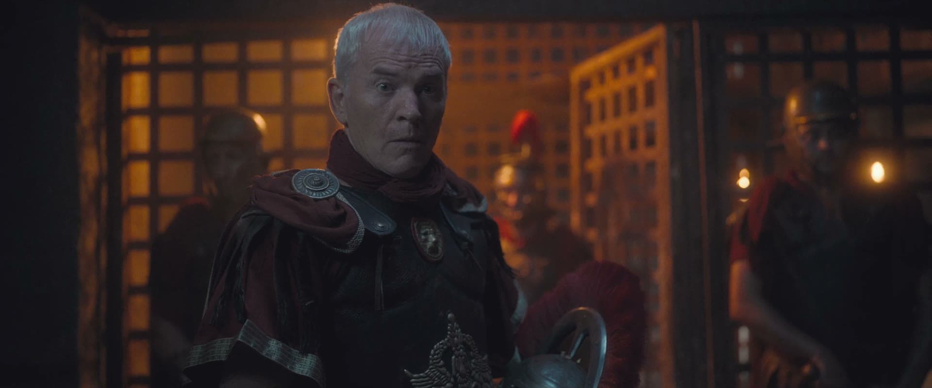 A Roman commander by torchlight — a still from the film